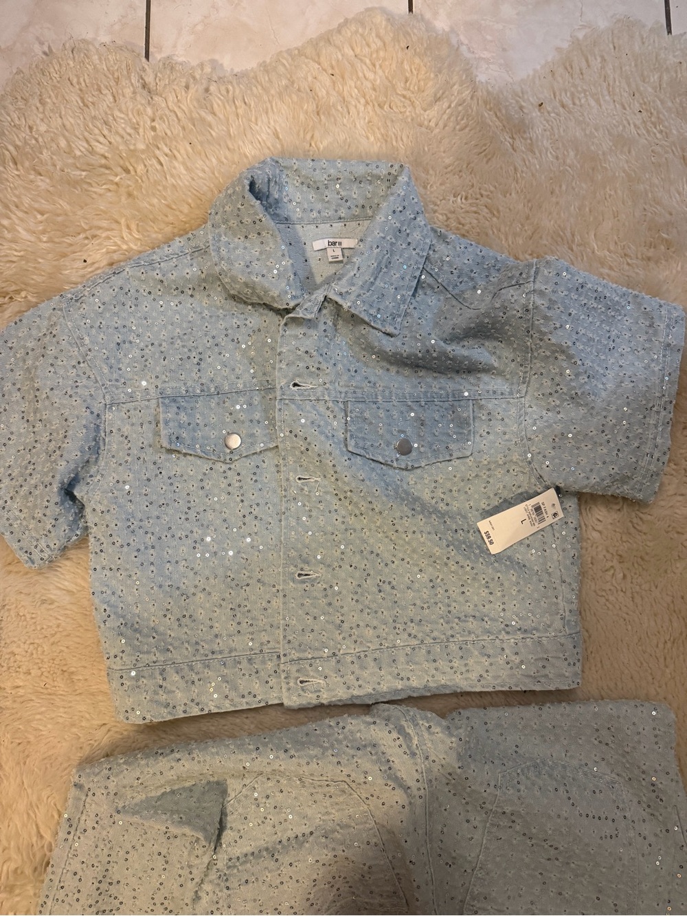 Bar III Light Blue Sequin High-Rise Denim Shorts and Jacket Set - Picture 4 of 7